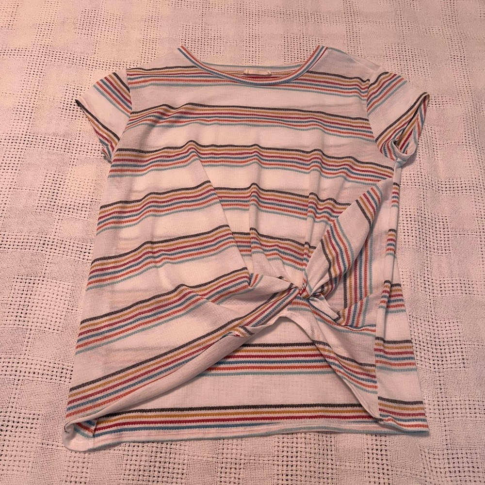 Cute rainbow striped tee with knot detail